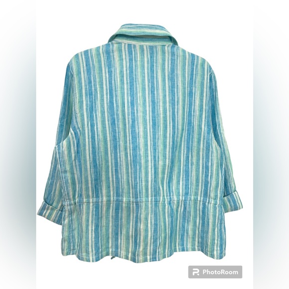 JNY Linen Striped Drawstring Button Up Shirt Size L Crop Top 3/4 Sleeves - Picture 2 of 11